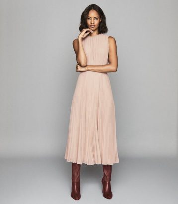 Reiss Pandora Pleat Detailed Midi Dress Nude Pink