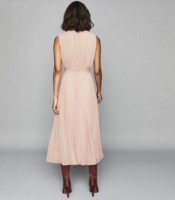 Reiss Pandora Pleat Detailed Midi Dress Nude Pink