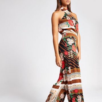 River Island brown printed cross neck jumpsuit Multi