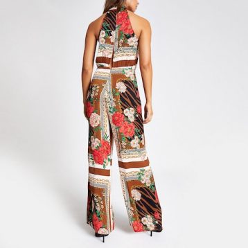 River Island brown printed cross neck jumpsuit, Multi - Image 2