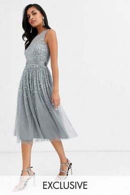 Amelia Rose bridesmaid midi embellished dress dark grey silver