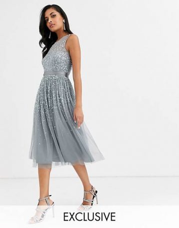 Amelia Rose bridesmaid midi embellished dress dark grey silver