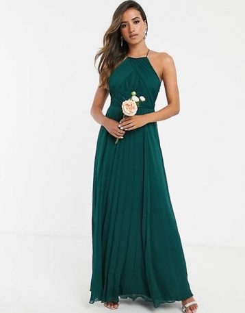 ASOS DESIGN Bridesmaid pinny maxi dress with ruched bodice Green