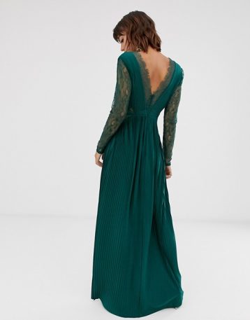 ASOS DESIGN lace and pleat long sleeve maxi dress Forest Green