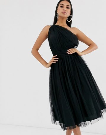 ASOS DESIGN one shoulder tulle midi bridesmaid dress, Black - Image 2