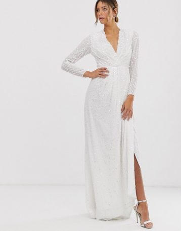 ASOS EDITION pleated plunge wrap wedding dress in sequin Ivory