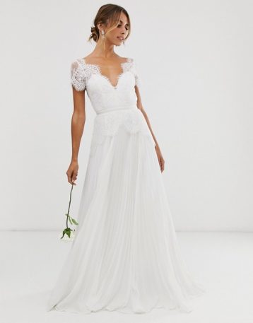 ASOS EDITION plunge lace wedding dress with pleated skirt Ivory