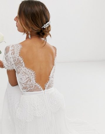 ASOS EDITION plunge lace wedding dress with pleated skirt Ivory