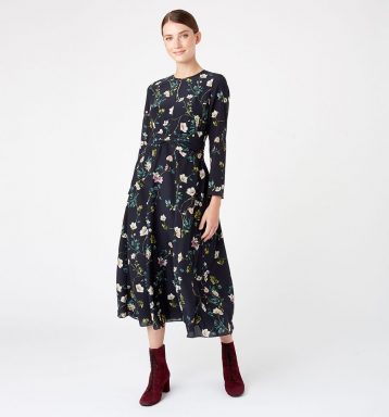 Hobbs Silk Hellebore Floral Print Sleeve Dress Navy Multi