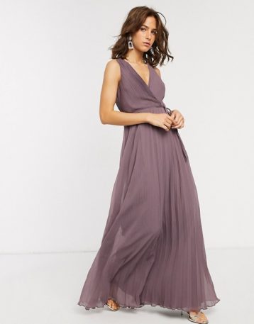 ASOS DESIGN wrap bodice maxi dress with tie waist and pleat skirt Mauve