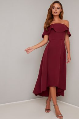 Chi Chi Elma Bardot Midi High Low Dress Burgundy