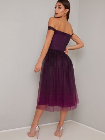 Chi Chi Tyra Tulle Short Bardot Bridesmaid Dress, Purple - Image 2