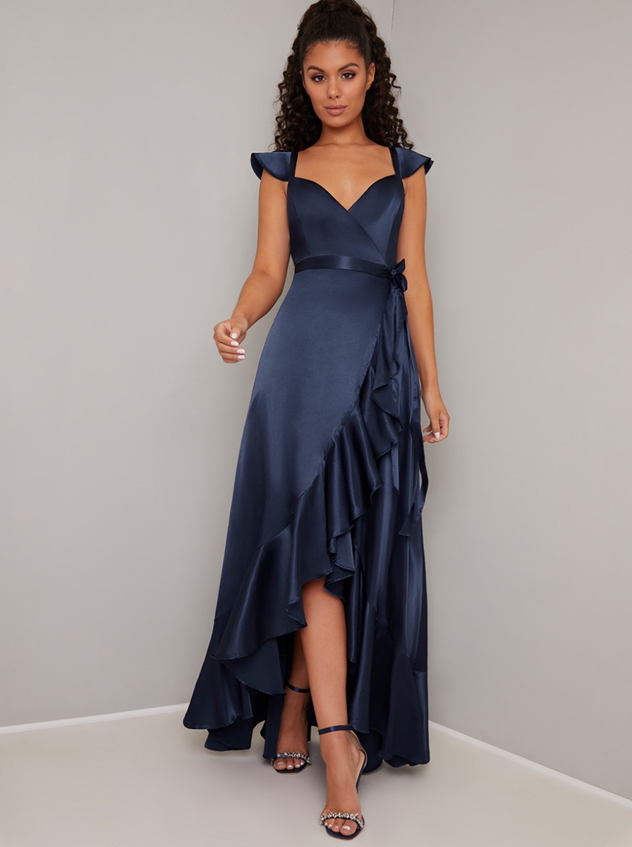 Halter Neck Satin Maxi Dress in Navy – Chi Chi London