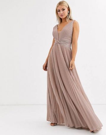 Forever Unique pleated plunge maxi dress in rose pink blush