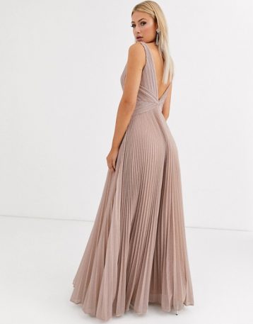 Forever Unique pleated plunge maxi dress in rose pink blush