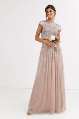 Maya Bridesmaid delicate sequin tulle skirt co ord in taupe