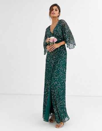 Maya Bridesmaid delicate sequin wrap maxi dress in green