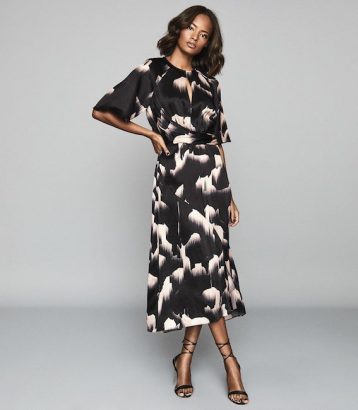 Reiss Arlo Half Sleeve Print Midi Dress Black White