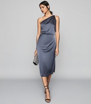 Reiss Eden One Shoulder Satin Dress Navy Blue