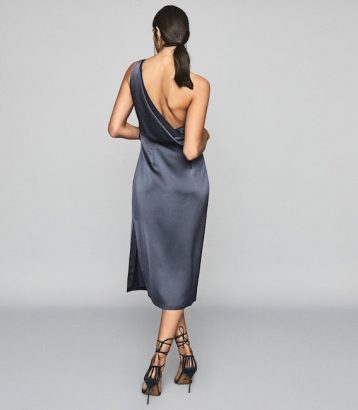 Reiss Eden One Shoulder Satin Dress, Navy Blue - Image 2