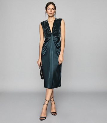 Reiss Livvy Plunge Neckline Midi Dress Teal Blue Green