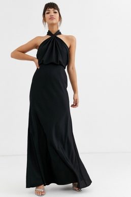 ASOS EDITION ruched halter neck maxi bridesmaid dress Black