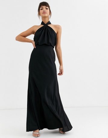 ASOS EDITION ruched halter neck maxi bridesmaid dress, Black ...