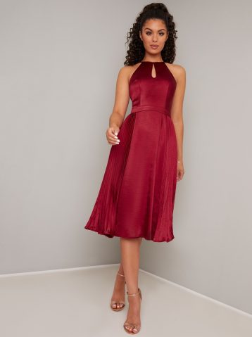 Chi Chi Amee Pleated Shirt Halter Dress Burgundy