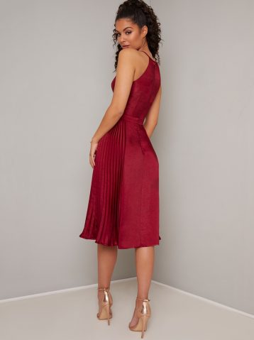 Chi Chi Amee Pleated Shirt Halter Dress, Burgundy - Image 2