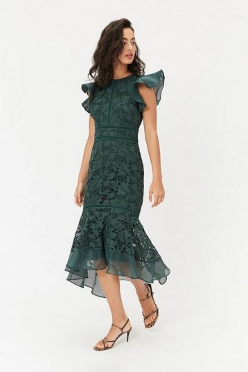 Coast Floral Lace Frill Sleeve Peplum Dress Green