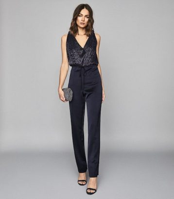 Reiss Margot Satin Sequin Jumpsuit Navy Blue Metallic