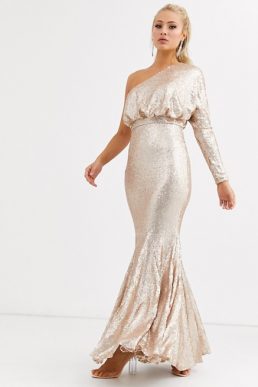 Forever Unique one shoulder fishtail maxi dress in rose gold sequin Rose Gold