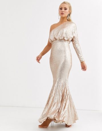 Forever Unique one shoulder fishtail maxi dress in rose gold sequin Rose Gold