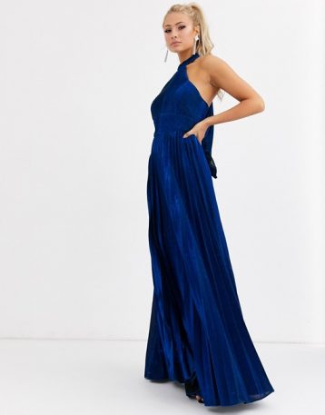 Forever Unique pleated high neck maxi dress in metallic cobalt blue