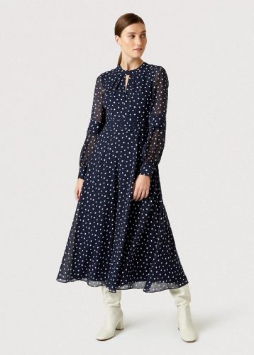 Hobbs Piper Spot Sleeve Dress Navy Blue Ivory