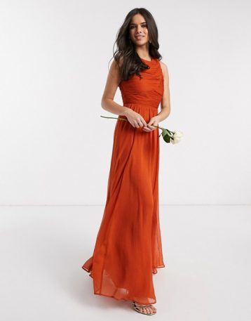 ASOS DESIGN Bridesmaid maxi dress with soft pleated bodice Rust Dark Orange