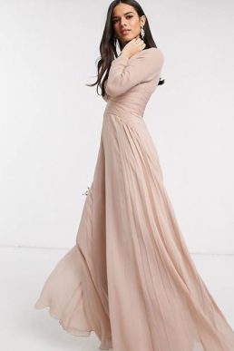 ASOS DESIGN Bridesmaid ruched waist maxi dress long sleeves and pleat skirt Soft Blush Pale Pink