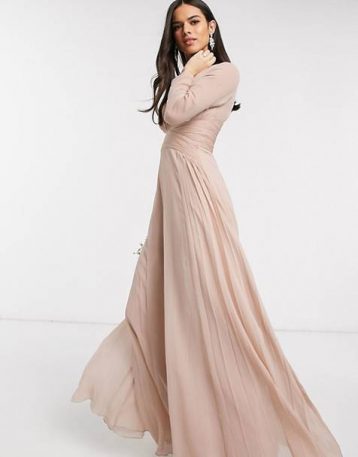 ASOS DESIGN Bridesmaid ruched waist maxi dress long sleeves and pleat skirt Soft Blush Pale Pink