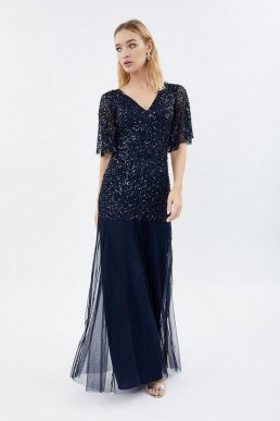 Coast Sequin Angel Sleeve Sequin Maxi Dress Navy Blue