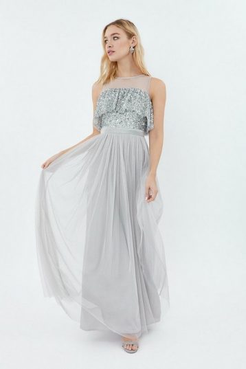 Coast Sequin Tulle Frill Bodice Maxi Dress Silver