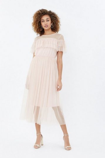 Coast Tulle Frill Midi Dress Blush Pale Pink