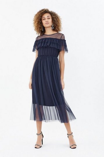 Coast Tulle Frill Midi Dress Navy Blue