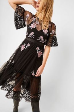 French Connection Ambre Embroidered Floral Sleeve Dress Black Pink