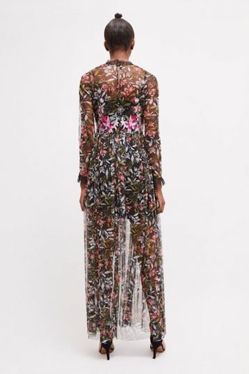 French Connection Flori Embroidered Floral Maxi Sleeve Dress Black Pink