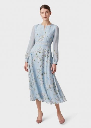 Hobbs Silk Floral Print Sleeve Skye Dress Pale Blue Multi