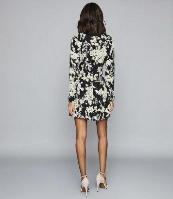 Reiss Gabriella Floral Printed Sleeve Mini Dress Black White