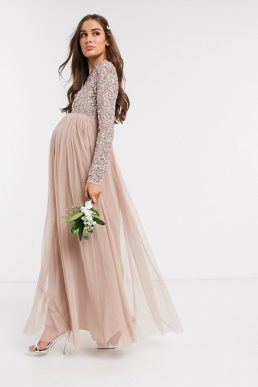 Maya Maternity Bridesmaid long sleeve maxi tulle dress with tonal delicate sequin overlay in taupe blush