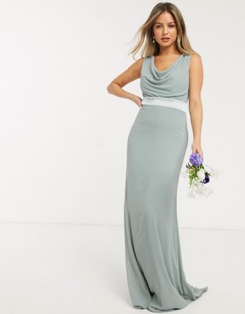 ASOS DESIGN Bridesmaid cowl front maxi dress with button back detail Sage Green