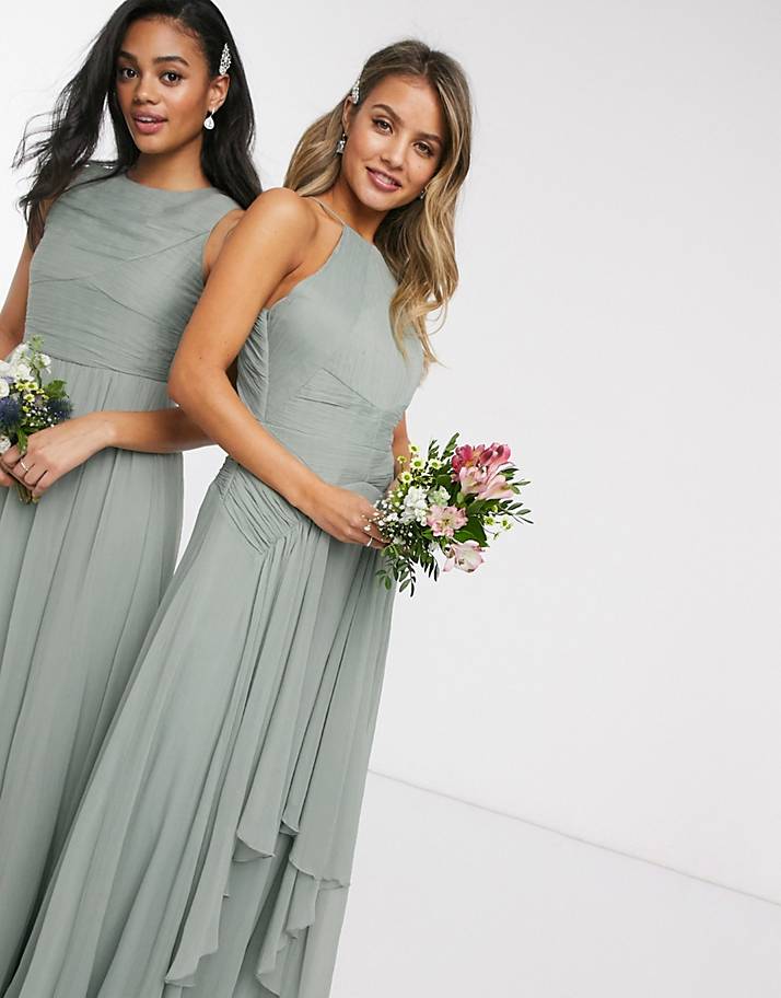 ASOS DESIGN Bridesmaid ruched bodice drape maxi dress with wrap waist and  flutter cape sleeve - ShopStyle