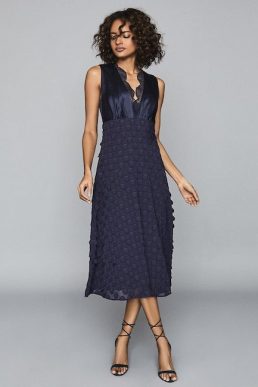 Reiss Leni Jacquard Spot Midi Dress Navy Blue